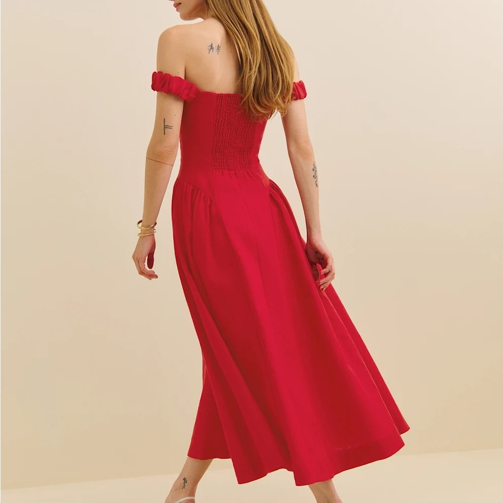 Reformation Red Off-Shoulder Midi Dress